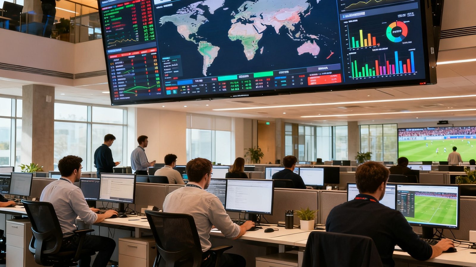 比分网北京办公室实景拍摄，宽敞的开放式办公区内悬挂着巨大的实时数据监控屏幕，上面显示着全球各大赛事的实时比分和数据图表，十几位工程师正在专注工作